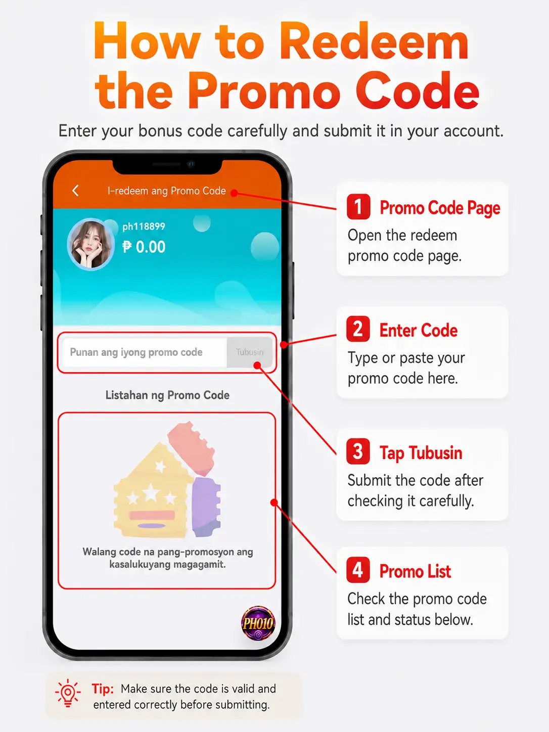 Paano mag redeem ng promo code sa PH010 account